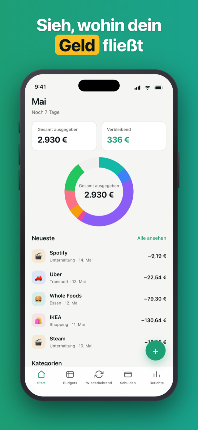 Penno home screen with the monthly spending donut