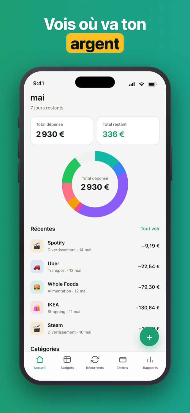 Penno home screen with the monthly spending donut