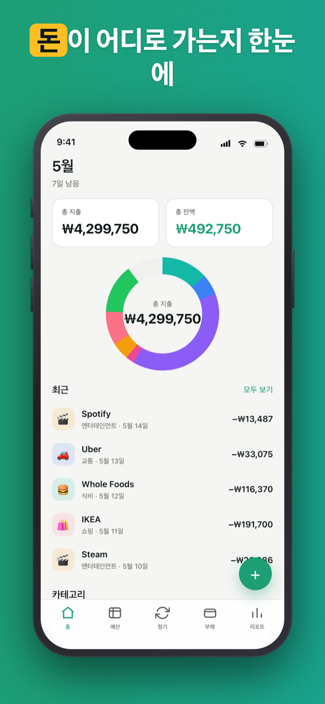 Penno home screen with the monthly spending donut