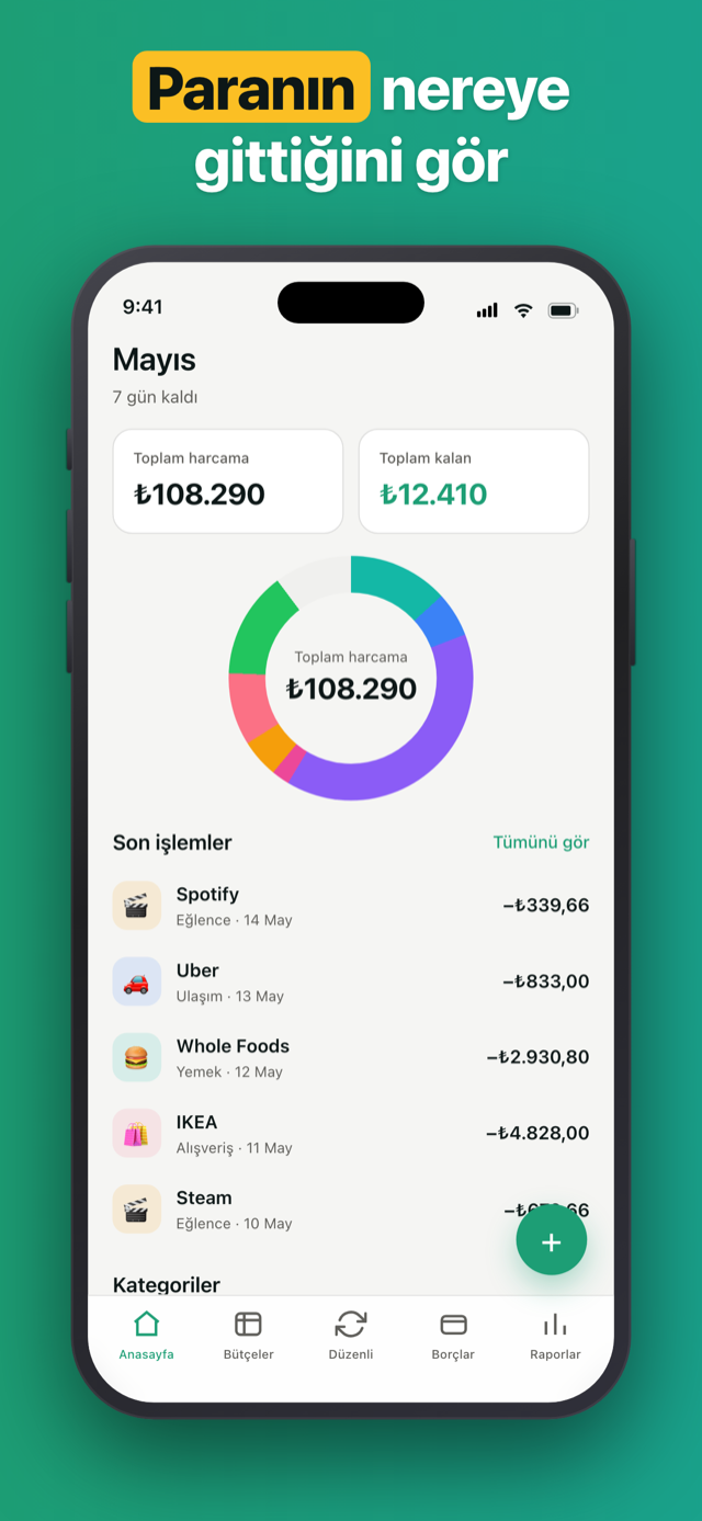 Penno home screen with the monthly spending donut